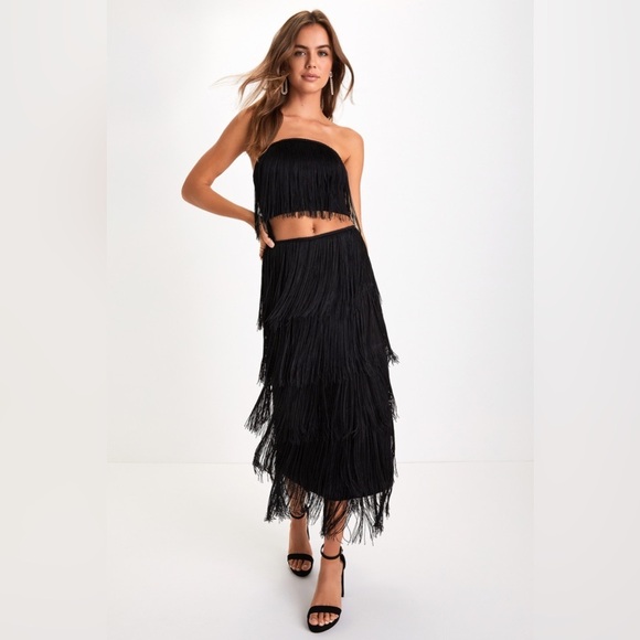 NWT Lulu’s Remarkable Aura Black Fringe Strapless Two-Piece Midi Dress Medium - Picture 1 of 7
